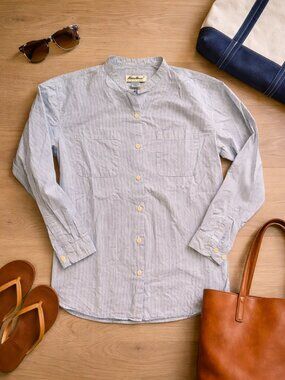 Vintage Collarless Button Up Shirt Women’s Small Blue White Stripe Coastal Style